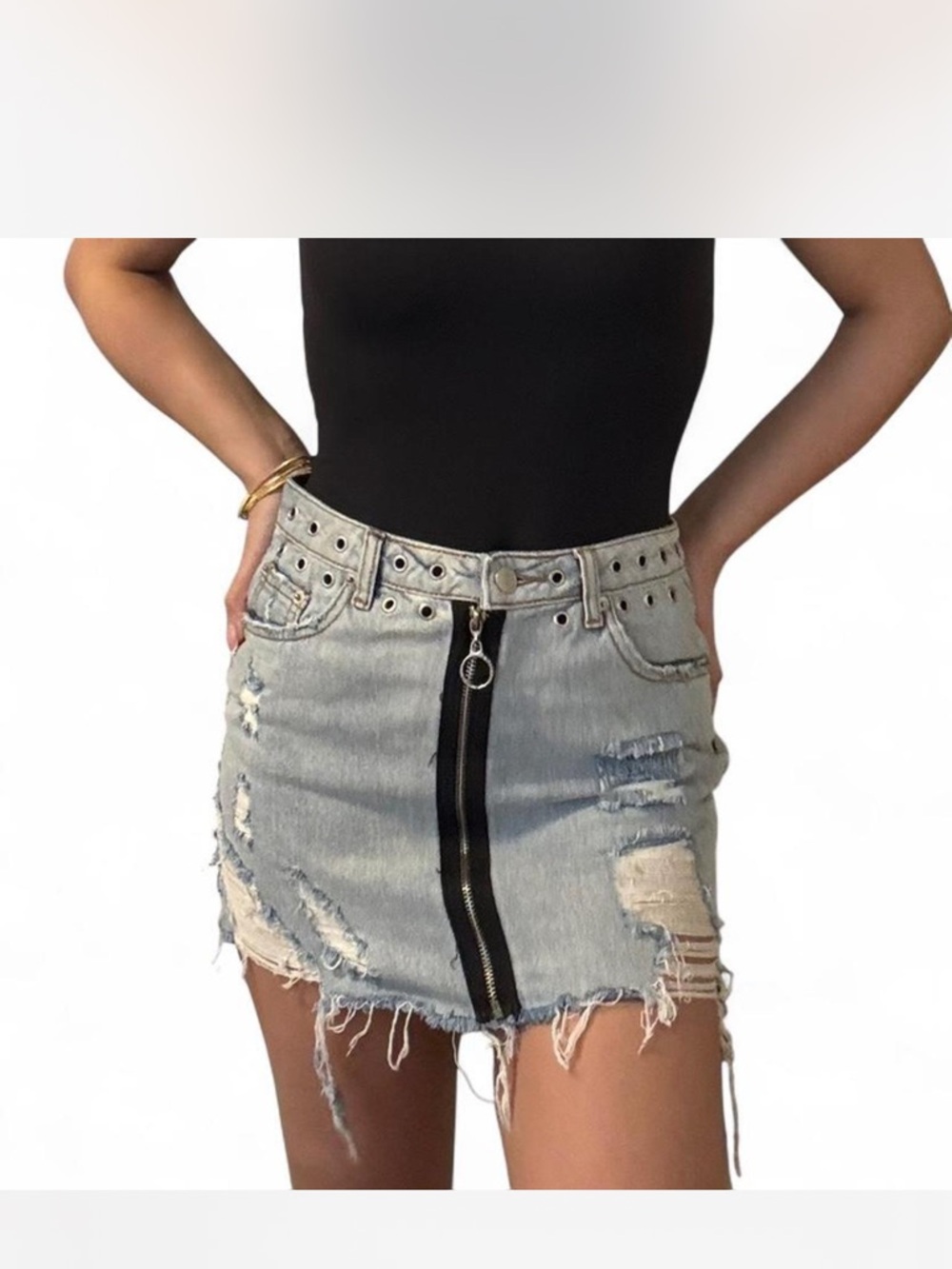 Signature8 Light Blue Distressed Denim Mini Skirt with Center Black Zip